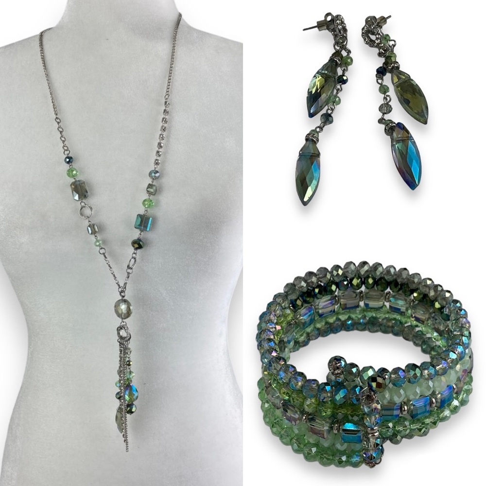 Ali Khan New York green Crystal Necklace Earrings and bracelet Lot